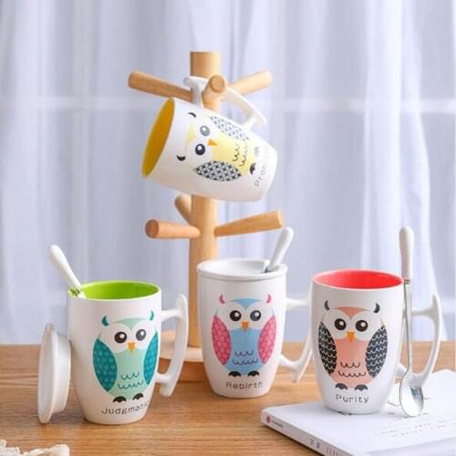 350 ml Owl Ceramic Cup Mug With Lid Spoon Coffee Mug Cup Animal Pattern Milk Tea Colorful Drinkware Drop shipping