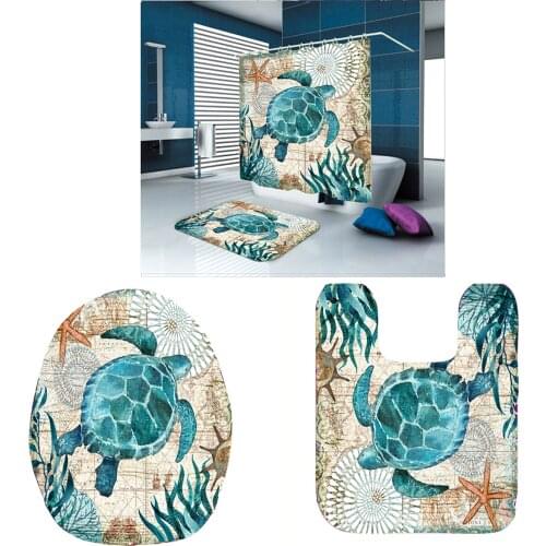 4pc/set Digital Print Non Slip Toilet Cover Mat Set Waterproof Shower Curtain with 12 Hooks for Bathroom polyester bath curtain