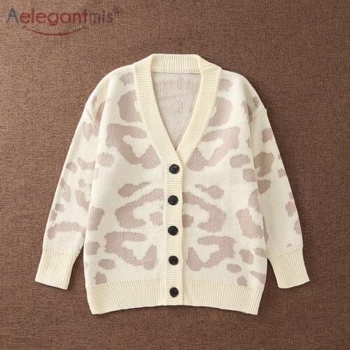 Aelegantmis Leopard Long Loose Knitted Cardigans Women Vintage V Neck Long Sleeve Sweaters Fashion Botton Up Cardigans Oversized