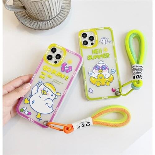 Cute Duck Fluorescent color Hang Strap Phone Case For iPhone 11 12 Pro Max XS X XR 7/8 Plus Handy Lanyard Chain Cute Color Cover