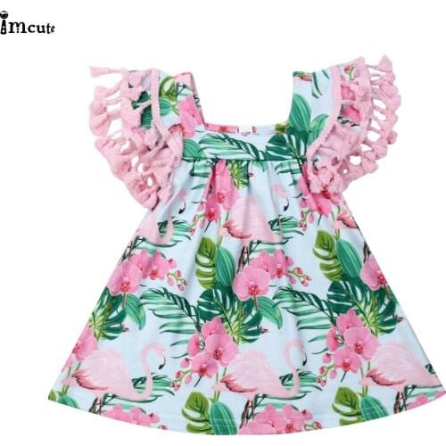 Infant Toddler Baby Girl Pink Flamingo Tassel Tutu Dress Fly Sleeve Floral Beach Party Dresses Princess