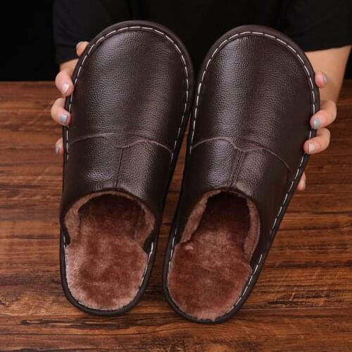 Qmaigie Winter Slippers for Men Leather Genuine Home Warm Plush Slipper Unisex house man slippers Indoor room Shoes slides women