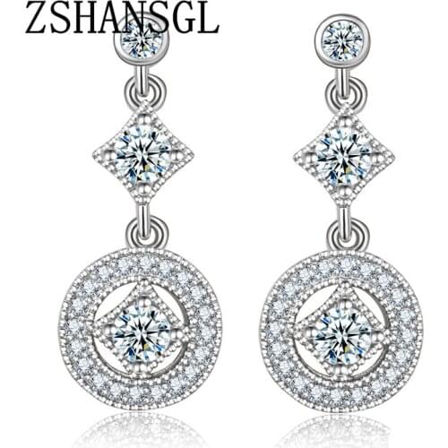 925 Sterling Silver Radiant Elegance Earrings Clear CZ Crystals Surrounded Square Round Cut Ancient Women Drop Earings Jewelry