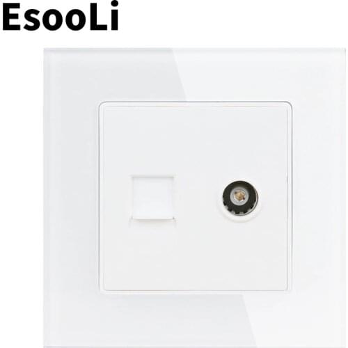 Esooli White Luxury Crystal Glass Panel RJ45 Internet Data Computer Jack Connector With Female TV Outlet Wall Socket
