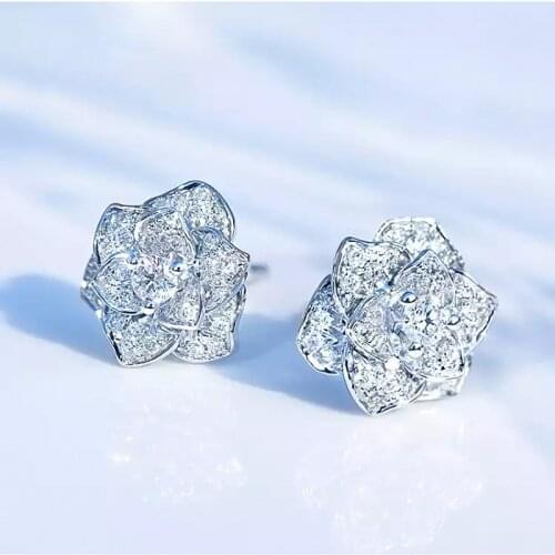Exquisite Female Earrings Silver Color Camellia Rose Flower Micro Pave Zircon Earrings for Women Pendientes Oorbellen