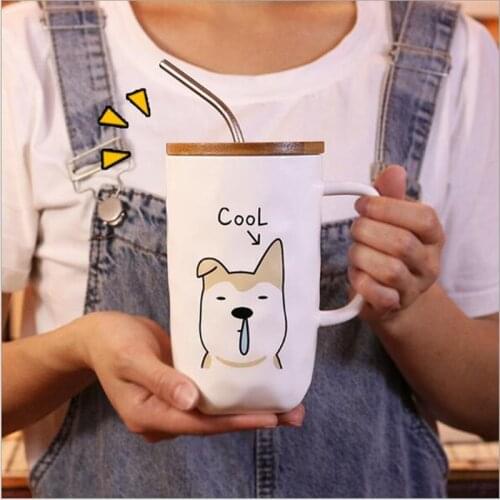 600ML Large Capacity Ceramic Mug Coffee Cups With Lid And Straw Dog Design Teacup With Handle Creative Gifts