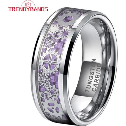 Purple Tungsten Wedding Bands 6/8MM Mens Womens Gear Carbon Fiber Inlay Poliahed Shiny Comfort Fit