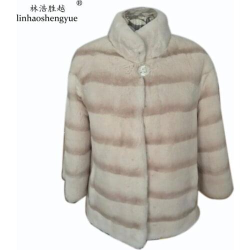 Linhaoshengyue Real Rex Rabbit Fur Coat Beige Color 70cm Long with Collar,Winter, Spring, Woman