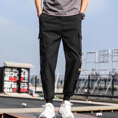 Mens Side Pockets Cargo Harem Pants 2021 Ribbons Black Hip Hop Casual Male Joggers Trousers Fashion Casual Streetwear Pants
