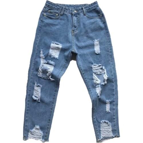 Summer 2020 Fashion Korean big hole jeans cropped pants mens loose couple pants beggar pants students ankle length jeans men