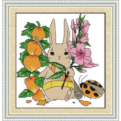 The rabbit picking peaches cross stitch kit cute cartton animal DMC color cotton thread embroidery DIY handmade needlework plus