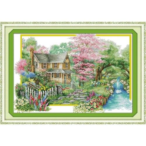 Beautiful Flowers Villa Count Cross Stitch Kit 14ct 11ct Scenic Painting Needlework Embroidery Set DIY Home Decoration Crafts