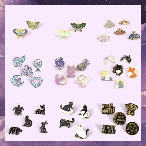 Witch Enamel Pin Set Purple Crystal Crescent Moon Triple Goddess Brooches Black Dark Badges Gothic Wiccan Witchcraft Jewelry