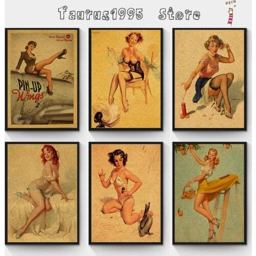 New PINUP GIRLS NO.2 World War II Vintage Kraft Paper Classic Poster Bar Cafe Living Room Dining room Wall Decorative Paintings