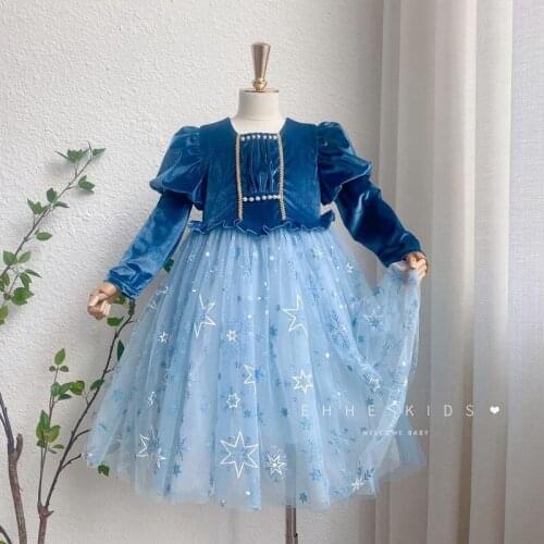 Girls Golden velvet pearl long sleeve dresses 2021 fall winter new girl solid color princess dress wholesale