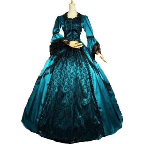 Blue Sleeves Victorian Ball Gowns with Black Lace Prom dress party dress
