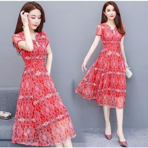 Casual Mujer Vestidos Summer Body Floral Mesh Dresses Plus Size Womens Temperament Mother Dress Waist Dress 2020 New Sale Z495