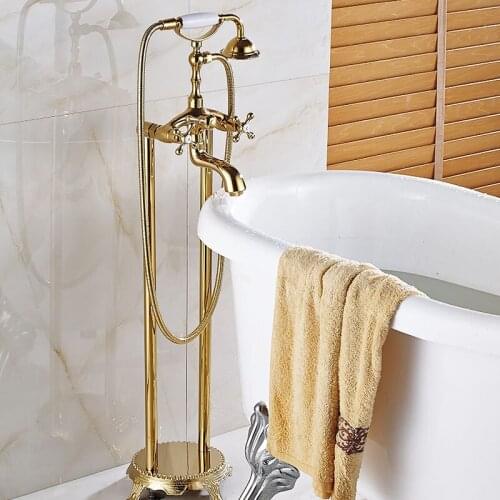 Vidric Luxury Golden Bathroom Free Floor Stand Faucet Telephone Type Dual Handle Mixer Bath Shower Brass Shower Set Luxury Batht