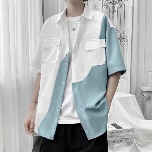 Short Sleeve Shirts Casual Stitching Contrast Color Design Shirt Trendy Jacket Oversize Five-point Sleeve Top Loose Male Clothes