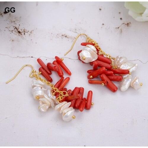 GuaiGuai Jewelry Natual 10MM Cultured Freshwater keshi Pearl Red Coral Earrings