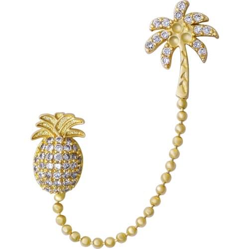 1 Pc Pineapple Coconut Tree Double Pierced Earrings Gold Iced Out CZ Metal Stud Earring Fashion Jewelry Gift