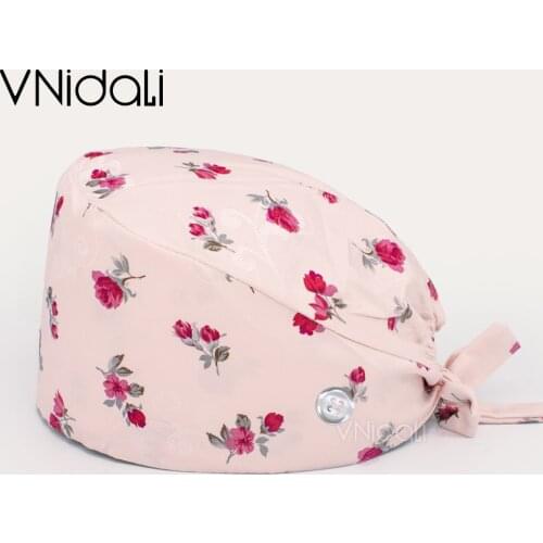 Pink Rose Adjustable Scrub Hat Beauty Salon Nurse Cap Lab Pet Shop Button scrub hats for women medico nursing accessories
