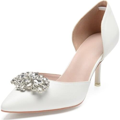Cream ivory color matte PU pointed toe lady shoes with peacock shape crystal bridal wedding prom pumps D'orsay high heels beauty