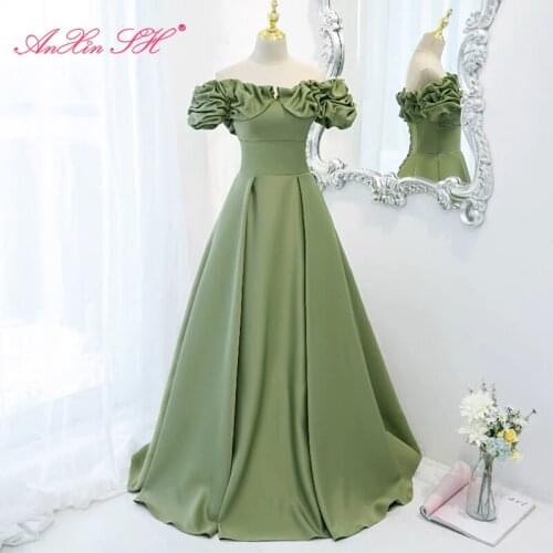 AnXin SH princess Fruit green evening dress French Retro boat neck puff sleeve ruffles bride green lace up evening dress