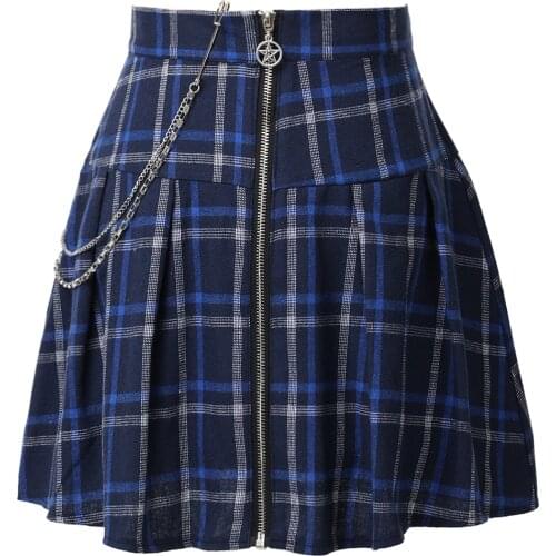 Womens High Waisted Short A-line Flare Gothic Punk Chain Mini Plaid Pleated Skirt