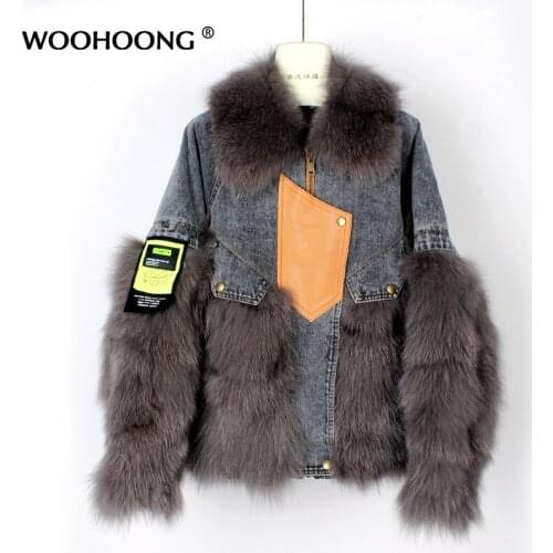 Winter New Womens Natural Fox Grass Jacket Real Fur Grass Jacket Stitching Denim Jacket Womens Down Liner Loose Large Size