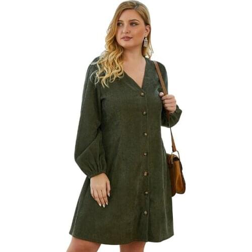 Big Buttons A-Line Dresses Ladies Elegant V-Neck Long Puff Sleeve Bow Plus Size 3XL 4XL Army Green Autumn Dress Women CL242