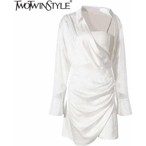 TWOTWINSTYLE White Two Piece Set For Women Square Collar Sleeveless Vests Lapel Long Sleeve Slim Dresses Casual Sets Female 2021