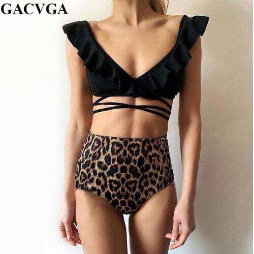 GACVGA 2019 Women Bikini Ruffle Swimwear Black Sexy Bikini Set Bathing Suit Bikinis High Waist Push Up Swimsuit Biquini Mujer