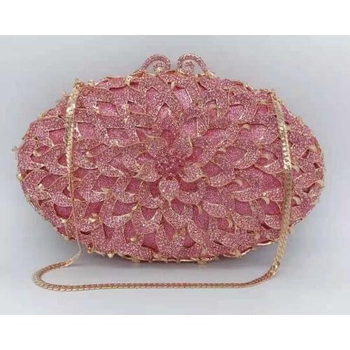 Lady Hot Pink Color Crystal Flower Clutch Bags Purse Women’s Diamond Wedding Bridal Rhinestone Handbags Lady Phone Party Purses