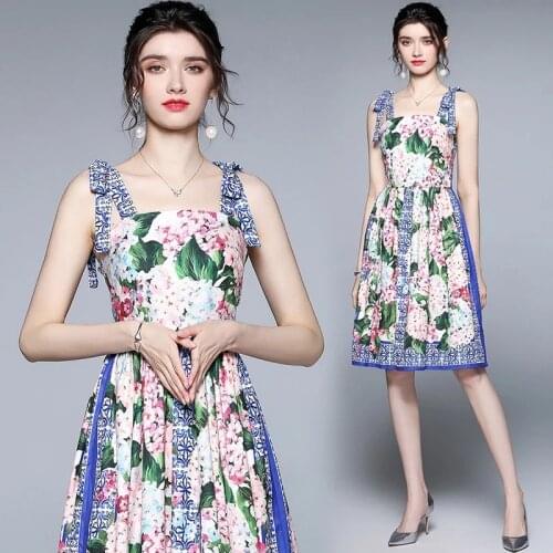 Runway Femme Sweet Bow Spaghetti Strap Dress 2021 Summer Womens Backless Blue and White Porcelain Floral Print Mini Short Dress