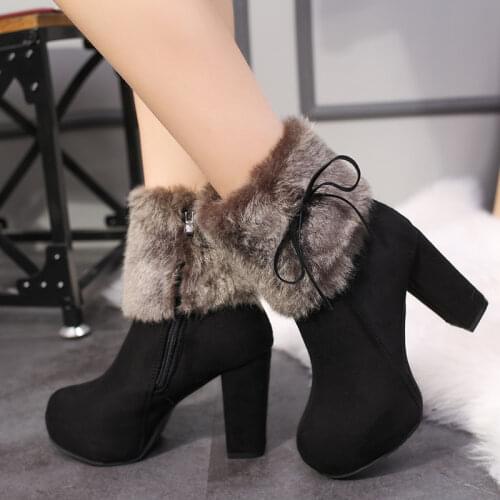 2020 Winter Shoes Women High Heels Boots Fur Warm Fashion Boots for Women Winter High Heels Super Square High Heel 10cm A1658
