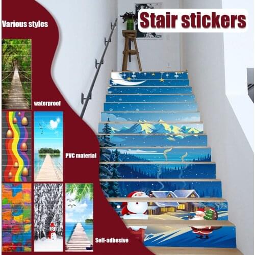 13PCS/Set Christmas Forest Scenery Stairs Sticker Decor Villa Stairs Wallpaper Removable Peel & Stick Santa Claus Wall Sticker