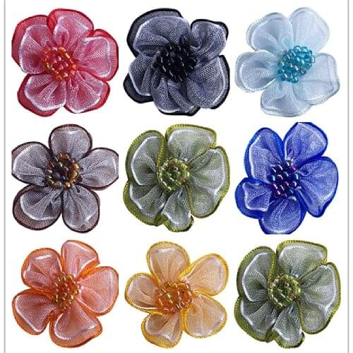 20pcs fushia Organza Ribbon Flower Bows w/ Beads Appliques Craft Wedding Decor 1704