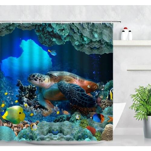 3D Blue Ocean Coral Tropical Fish Sea Turtle Shower Curtain Set Underwater World Scenery Modern Children Bathroom Decor Curtains