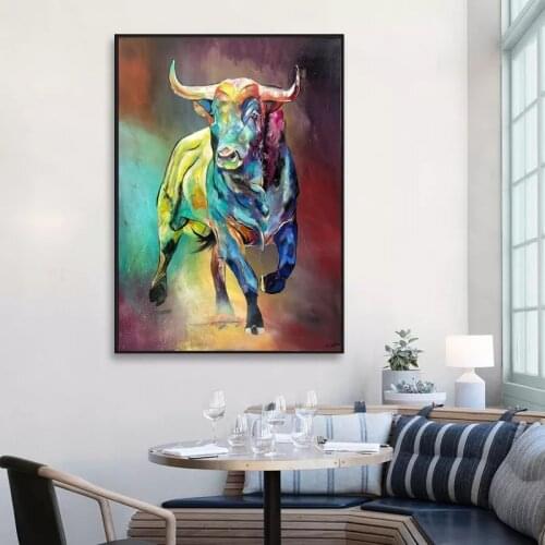 Abstract Colorful Bull Canvas Paintings Animal Wall Art Prints Poster Living Room Decorative Paintings On The Wall Home Decor