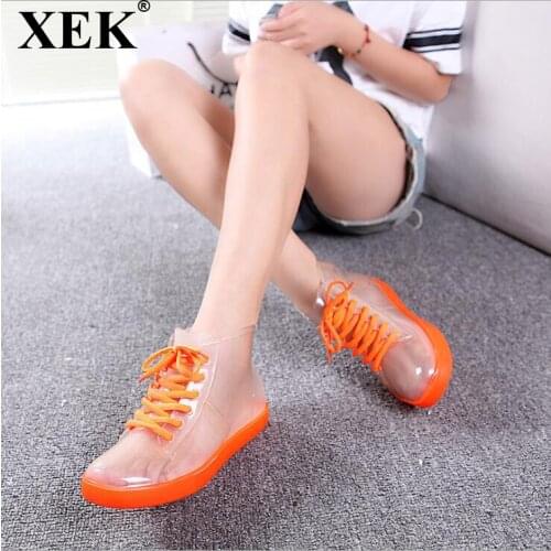 XEK Ankle Rain Boots British Fashion Platform Lace Up PU Waterproof Motorcycle Colorful Ankle shoes Boots Woman Shoes wyq12
