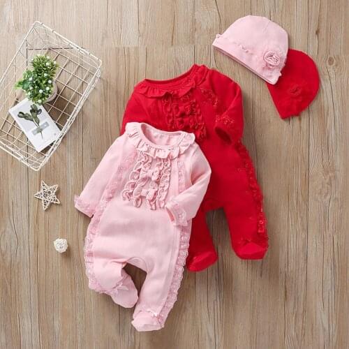 Newborn Baby Girl Foot - wrapped onesie Autumn Winter Romper Bodysuit Playsuit Cute Lace Jumpsuit Hat Baby Girls Clothes Outfit