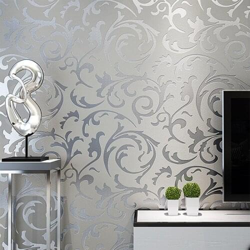 European 3D Damask Embossed Wallpaper Bedroom Living Room Decoration Silver Floral Wall Papers Home Decor Stereo Wallstickers
