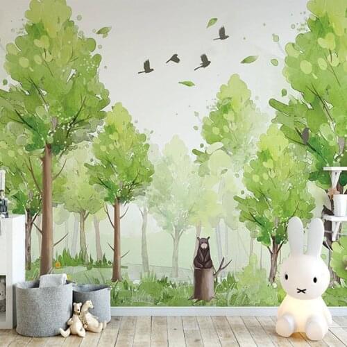 Custom Mural Wallpaper 3D Hand Painted Forest Green Tree Bird Cartoon Bear Wall Painting Childrens Bedroom Kindergarten Fresco