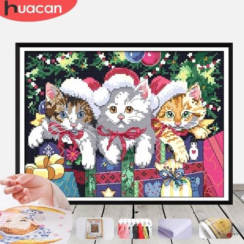 HUACAN Cross Stitch Embroidery Cat Animals Needlework Sets For Full Kits White Canvas Christmas DIY Home Decor 14CT