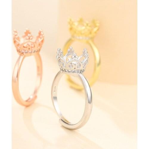 Ring Blank for 9mm-10mm Round Beads or Pearls Gold Plated 925 Silver Crown Shape Ring Setting Adjustable Ring Base SR0161