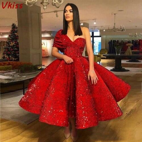 Red Ball Gown Short Prom Dresses Robes 2020 Women Fluffy Formal Party Night Vestidos One Shoulder Elegant Sequins Evening Gowns