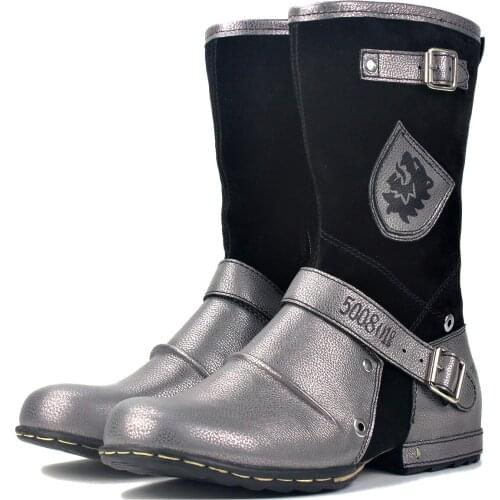 2020 spring autumn Western Boots Genuine Leather Mens Motorcycle Boots Ankle Boots Casual shoes 5008-1-H-Silver color