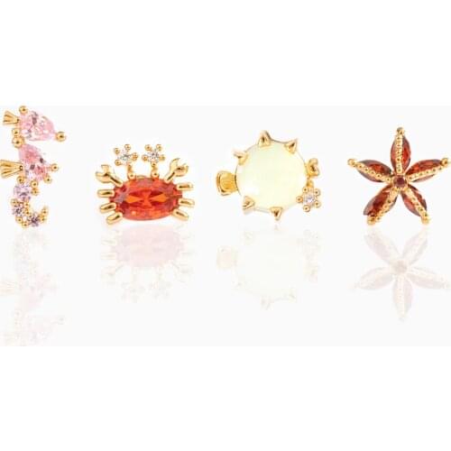 Gold Plated Vermeil 925 Sterling Silver Under The Sea Stud Set Delicate Multi Piercing Cute Sea Ocean Animal CZ Jewelry Earring