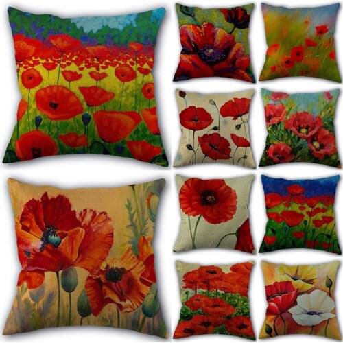 Custom Poppy Flower Pillowcase Cotton Linen Fabric Square Zipper Pillowcase New Arrival 45X45cm Wedding Decorative Pillow cover
